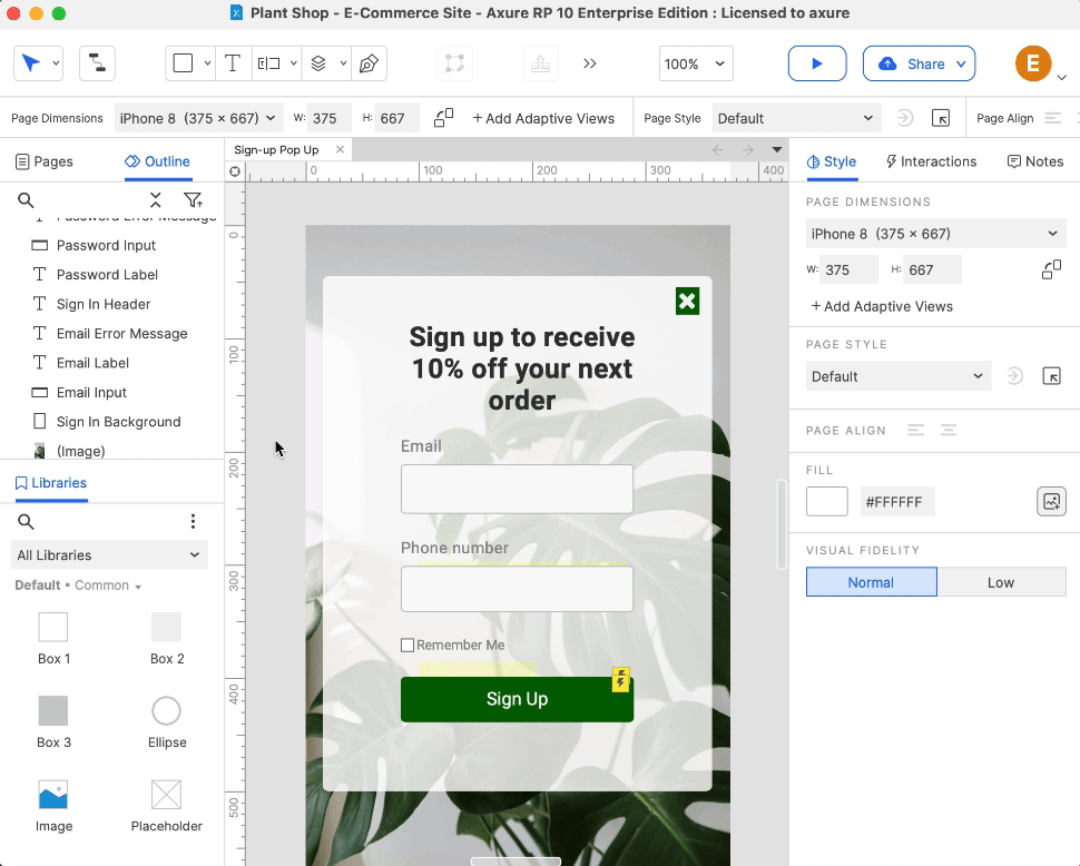 Axure RP 10: Plant Shop sign-up form. Clear labels, easy input & design for higher conversions